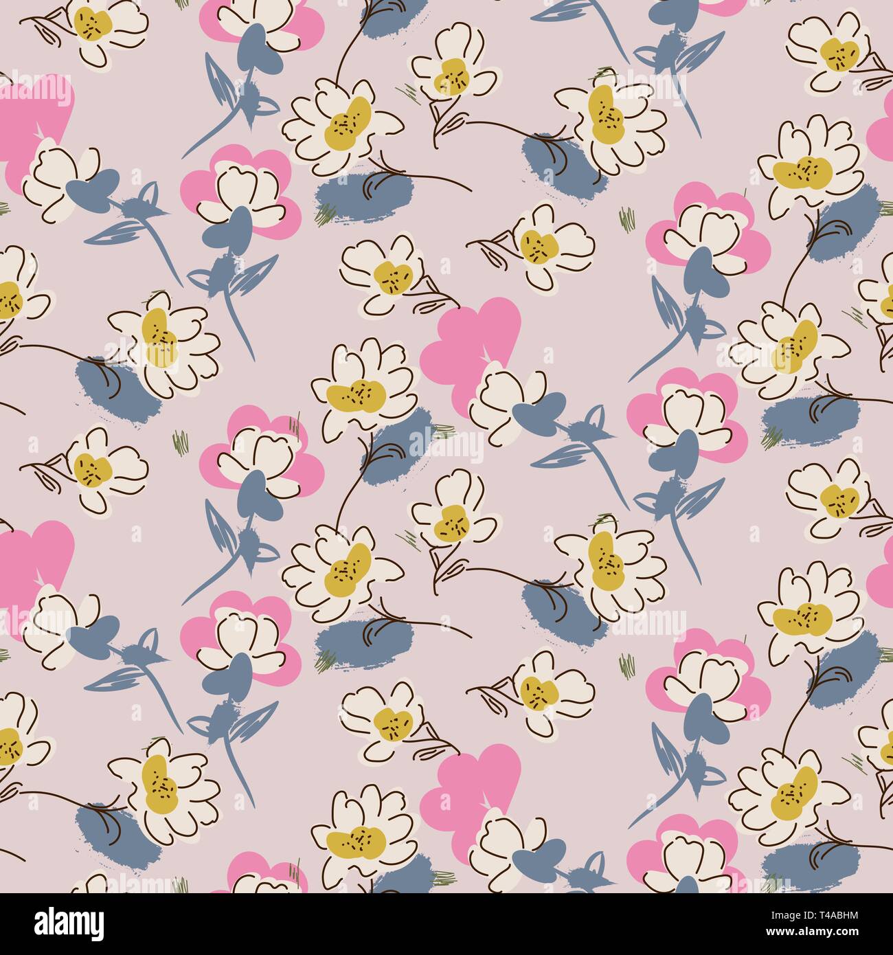 Hand drawn flowers pink dusty colors seamless vector pattern Stock ...