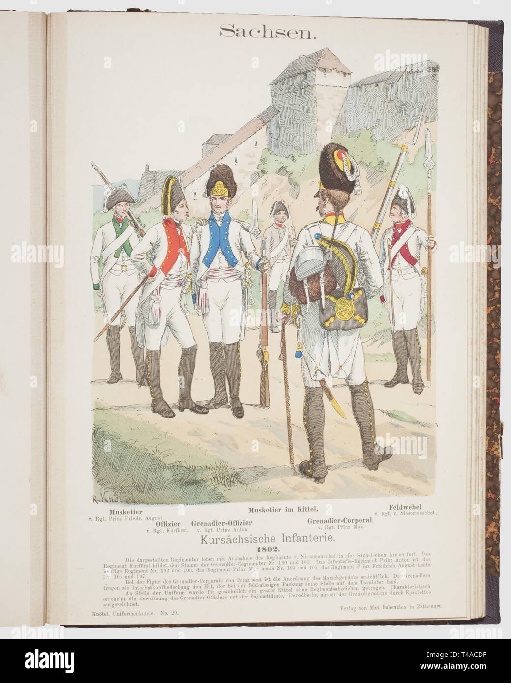 Richard Knötel, 'Uniformkunde - Lose Blätter zur Entwicklung der militärischen Tracht', ('Flying leaves' on the evolution of military dress), Rathenow and Hamburg (1892 - 1932). Complete edition in 18 volumes with 1,060 hand coloured tables depicting the evolution of European uniforms from the 17th to the 19th century. All volumes half-linen bound with gold-stamped spines. An important standard work, rarely offered as a complete set, historic, historical, people, 19th century, object, objects, stills, clipping, clippings, cut out, cut-out, cut-ou, Additional-Rights-Clearance-Info-Not-Available Stock Photo