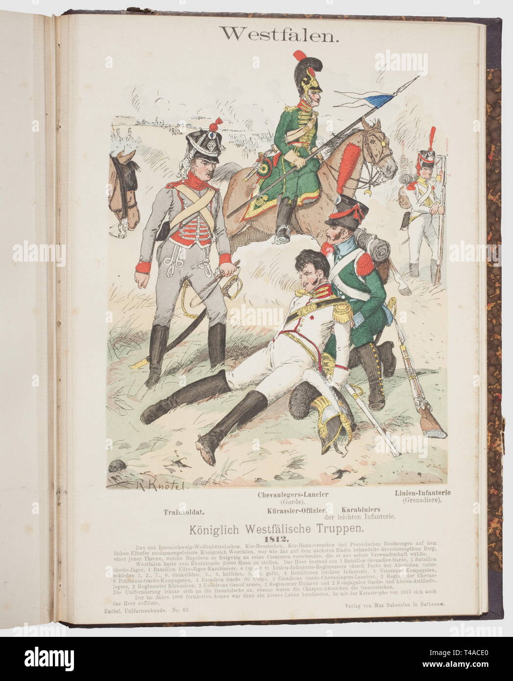 Richard Knötel, 'Uniformkunde - Lose Blätter zur Entwicklung der militärischen Tracht', ('Flying leaves' on the evolution of military dress), Rathenow and Hamburg (1892 - 1932). Complete edition in 18 volumes with 1,060 hand coloured tables depicting the evolution of European uniforms from the 17th to the 19th century. All volumes half-linen bound with gold-stamped spines. An important standard work, rarely offered as a complete set, historic, historical, people, 19th century, object, objects, stills, clipping, clippings, cut out, cut-out, cut-ou, Additional-Rights-Clearance-Info-Not-Available Stock Photo