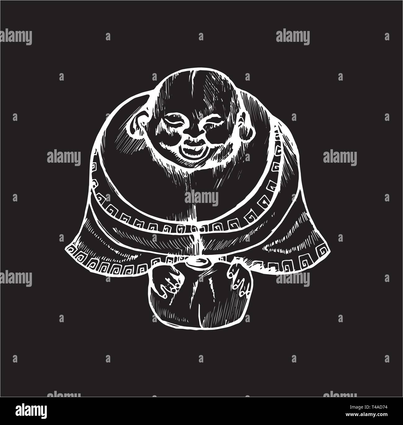 Illustration with a laughing hotem. Symbol of prosperity. Chalk on a blackboard. Stock Vector
