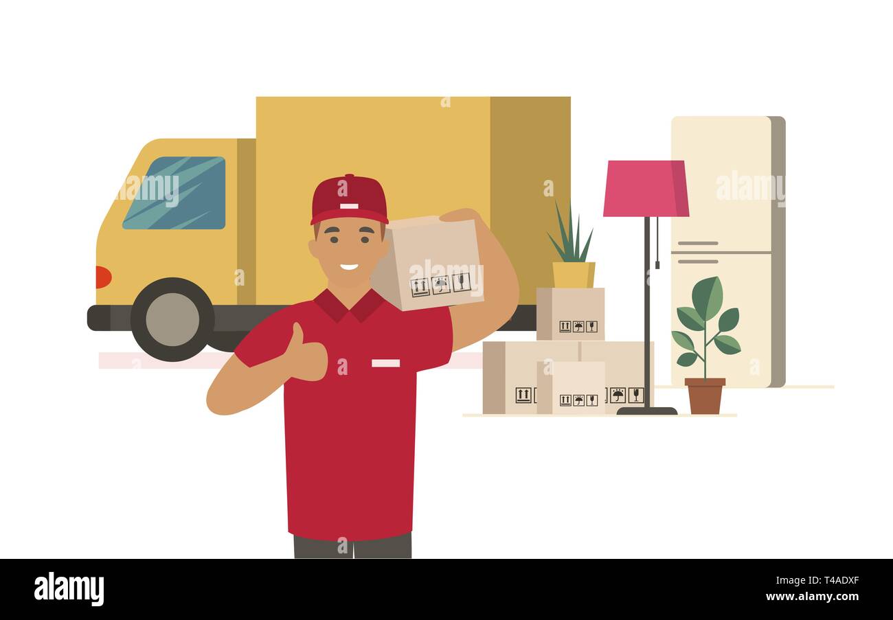 Moving House. Delivery man with cardboard boxes Stock Vector