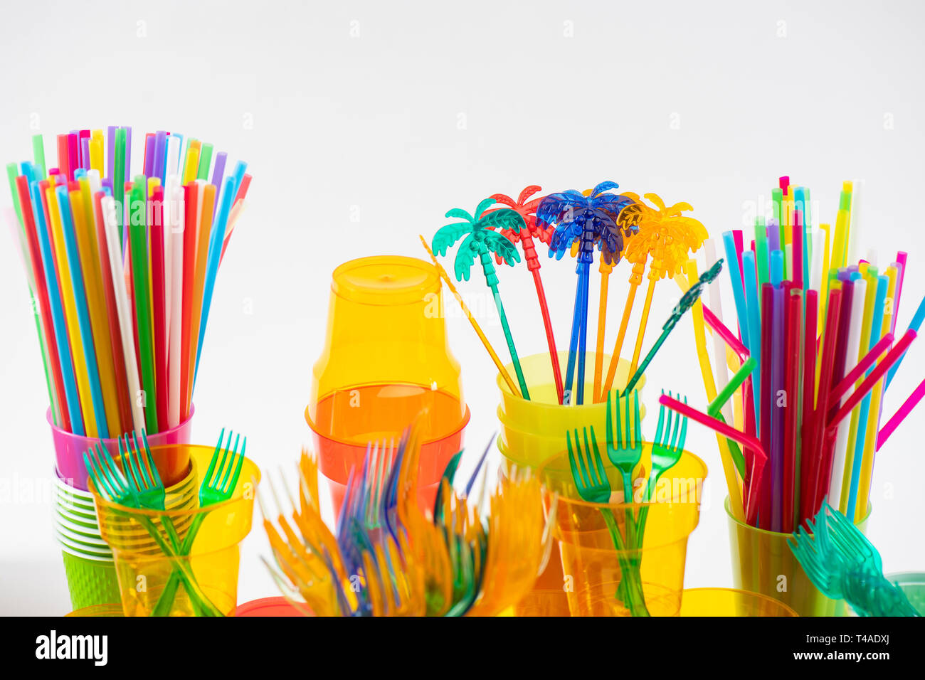 Colorful toxic tools and useful disposable thing displaying poor state of our nature Stock Photo