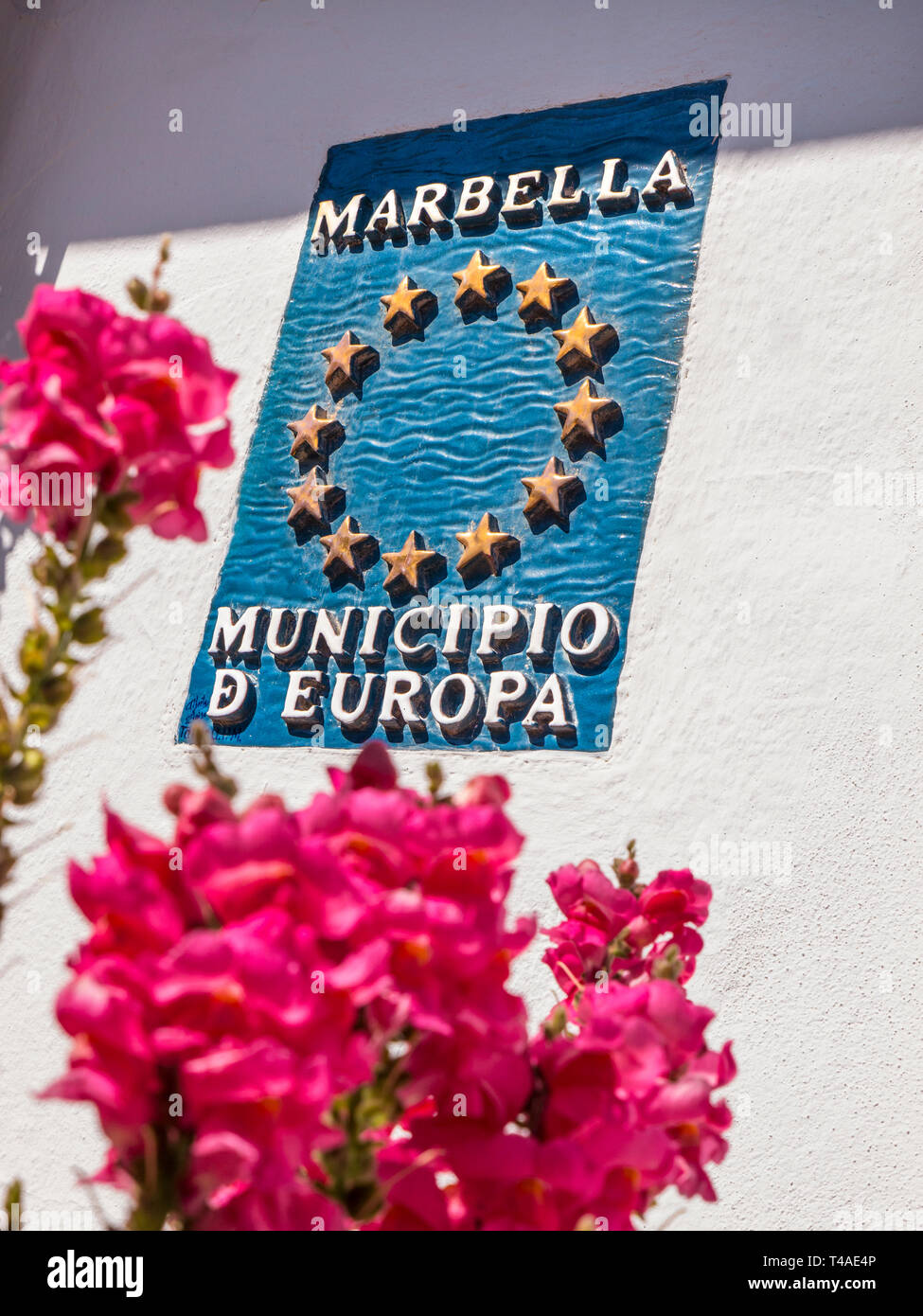 Marbella floral ’Municipio d Europa’ with EU stars, a wall plaque sign for Europe EU 'Stock' Matthiola incana flowers in foreground Marbella Stock Photo