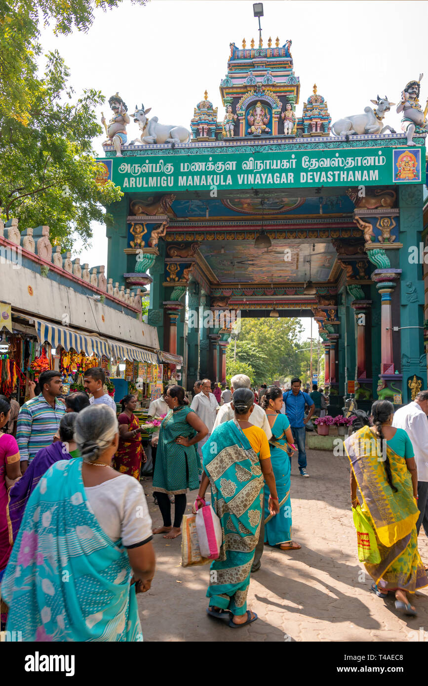 Vertical view of the Manakula Vinayagar Temple in Pondicherry, India. Stock Photo