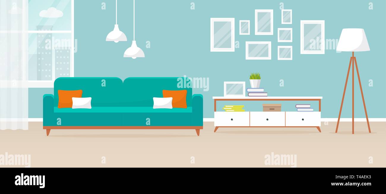 Interior of the living room. Vector banner. Design of a cozy room with sofa, TV stand, window and decor accessories. Stock Vector