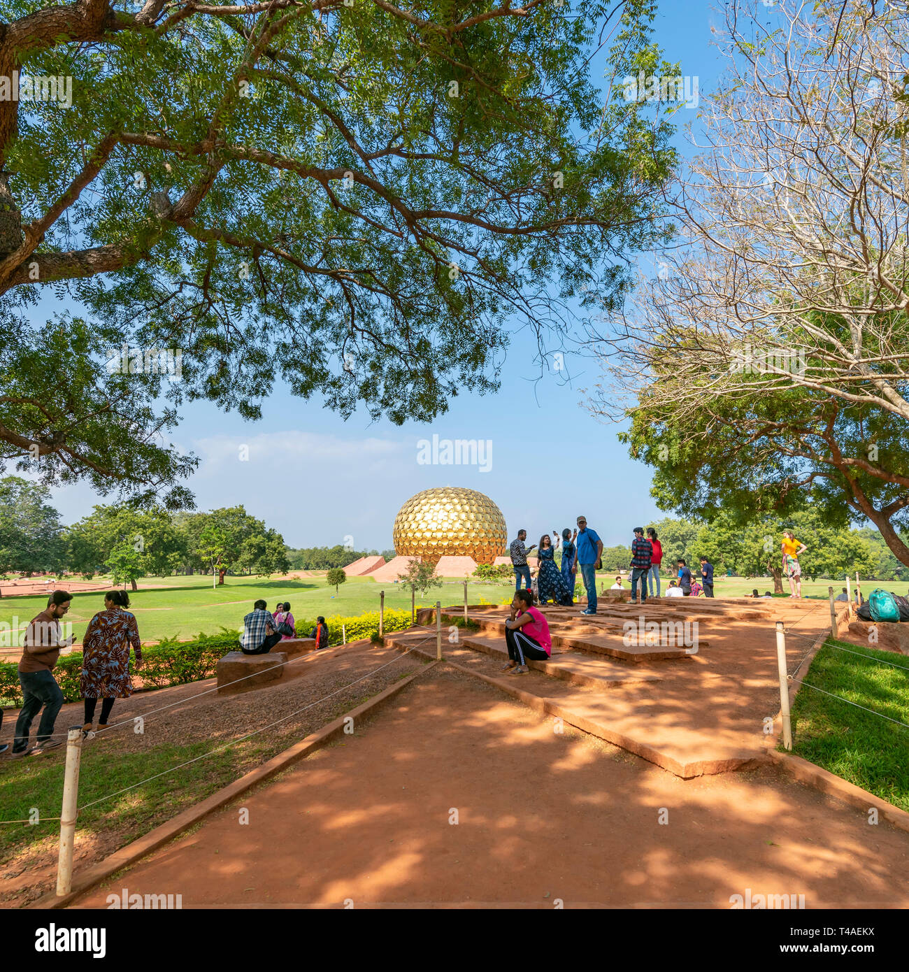Square view of tourists at the observation point for the Matrimandir in Auroville, India. Stock Photo