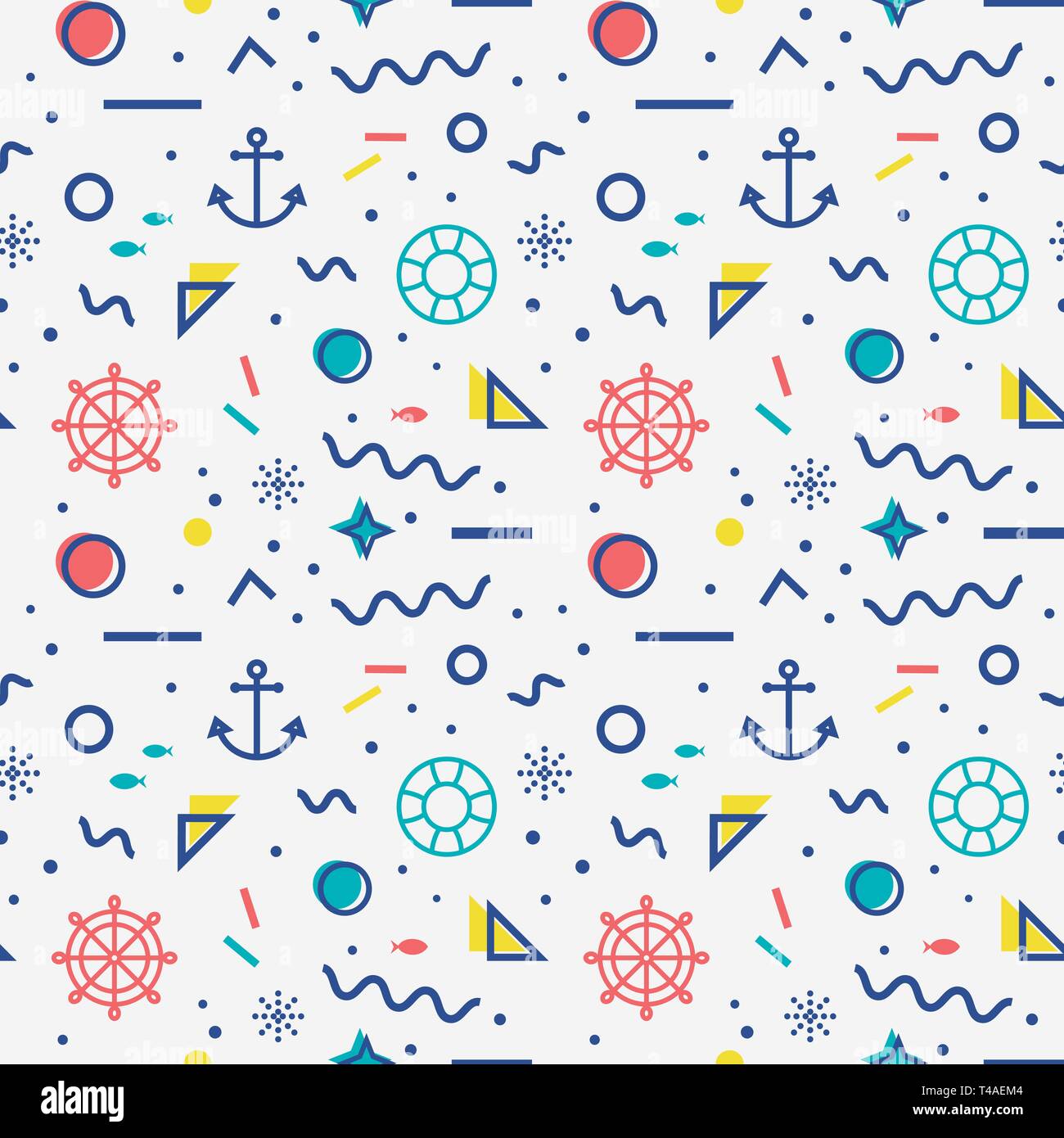 Nautical seamless pattern with anchors, steering wheels, lifebelts, fishes and with abstract geometric shapes in memphis style. Vector background. Stock Vector