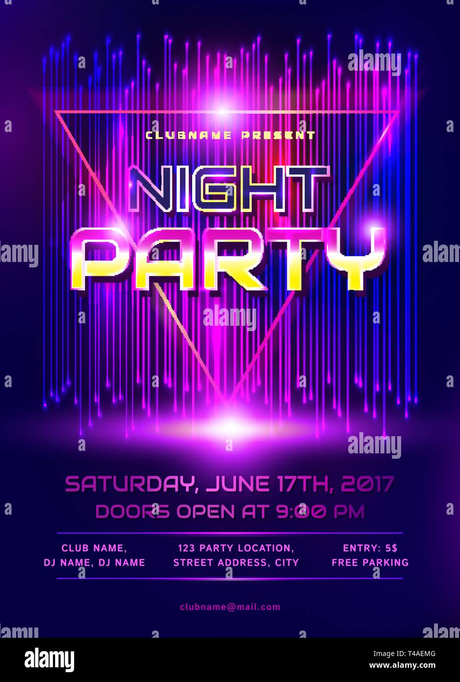 Colorful flyer for night party invitation. Template with abstract shiny background. Vector illustration. Stock Vector