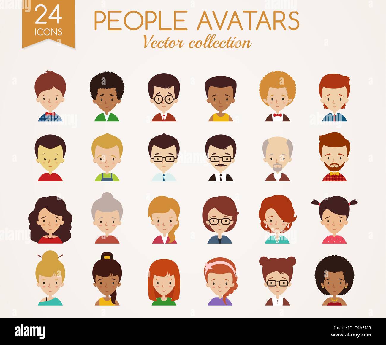 Cute avatars set. Male and Female faces. Diverse people with different nationalities, ages, clothing and hair styles. Vector icons isolated on white. Stock Vector