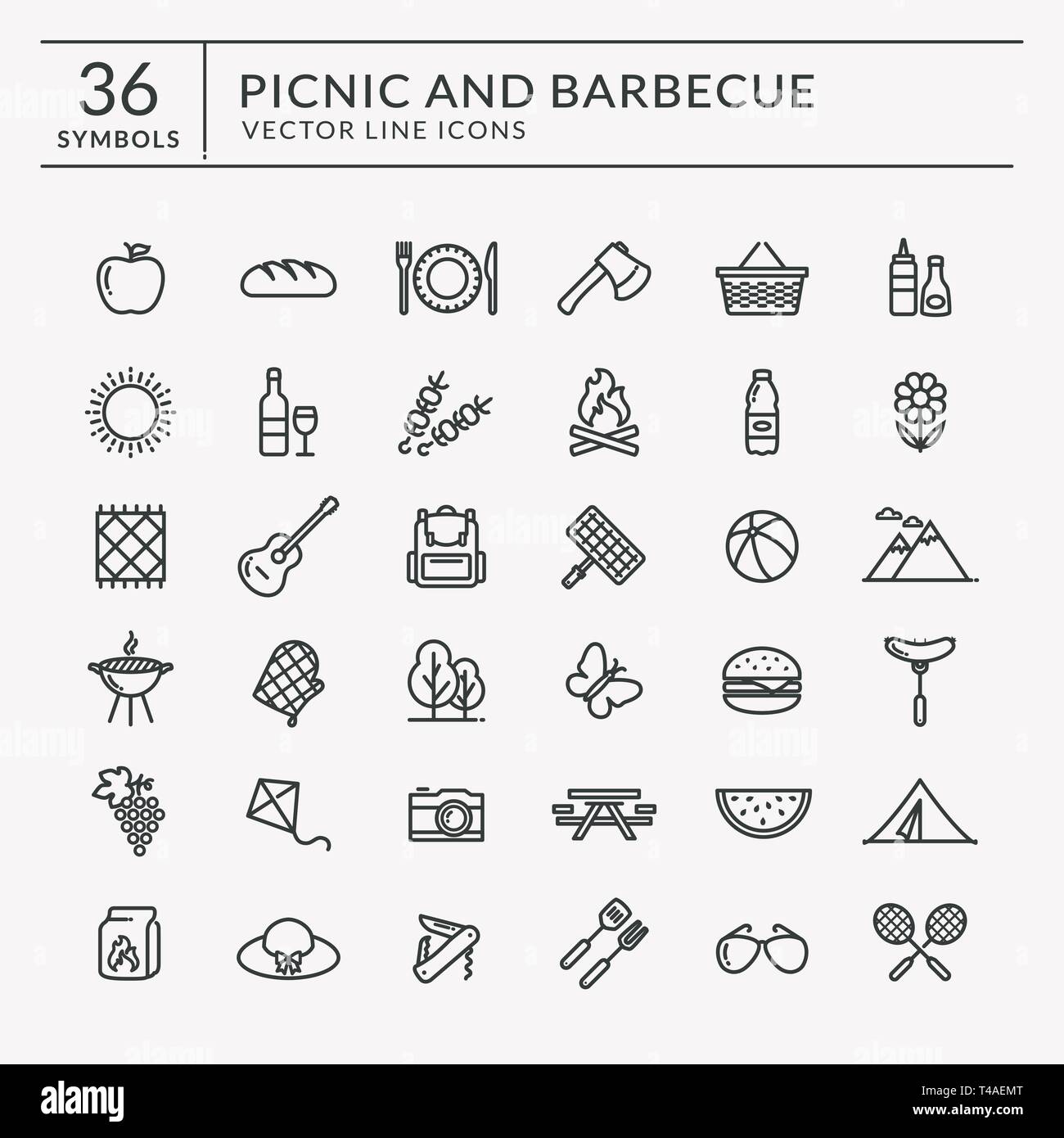 Picnic and barbecue web icons. Set of outline symbols for outdoor recreation theme. Vector collection of line elements isolated on white background. Stock Vector