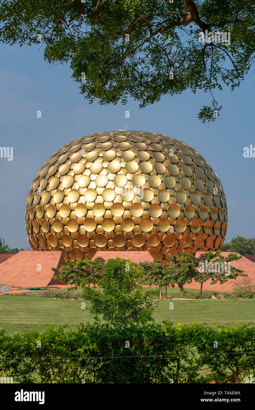 Vertical view of the Matrimandir in Auroville, India. Stock Photo