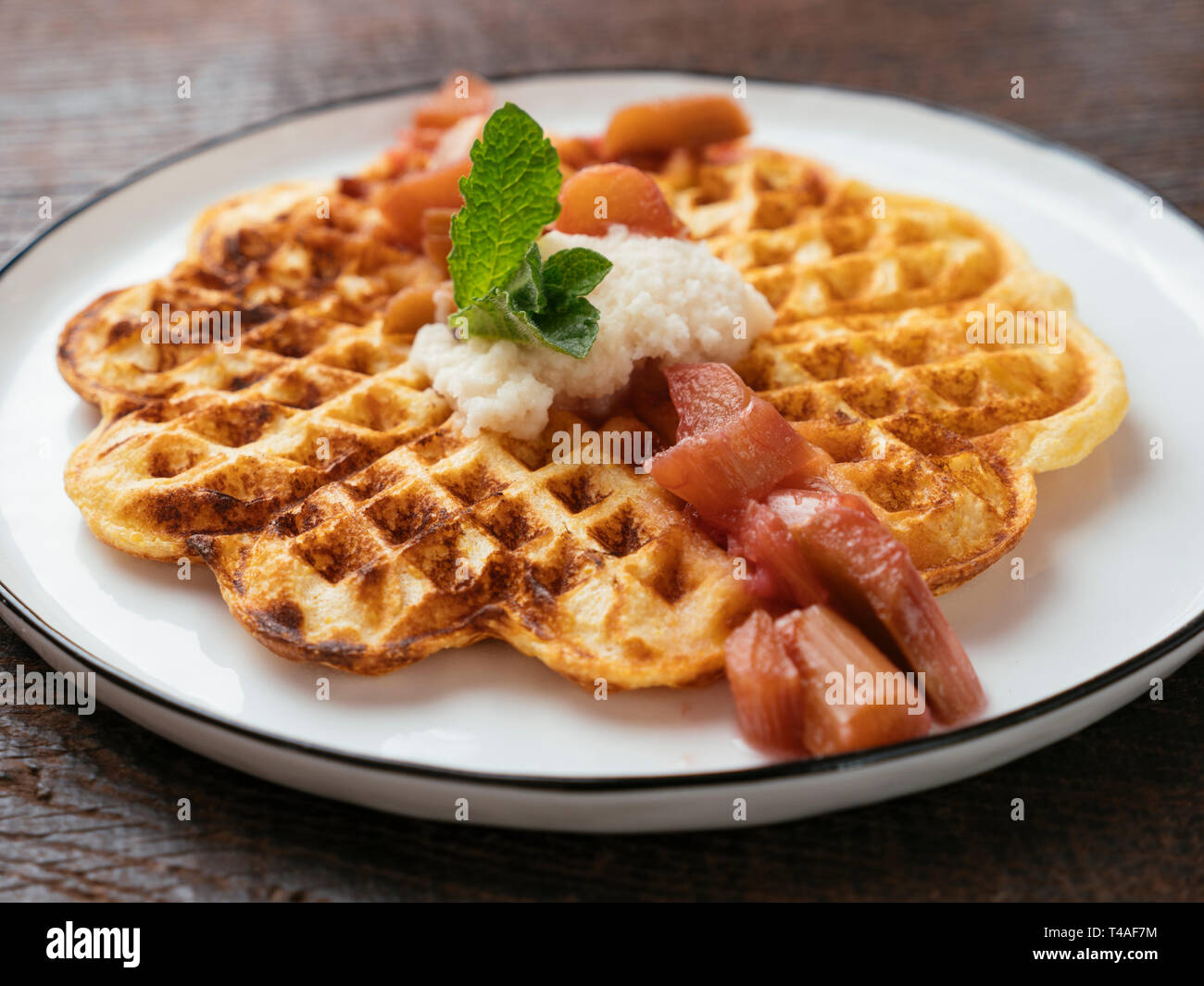 Vegan Waffles with Rhubarb Sauce Stock Photo