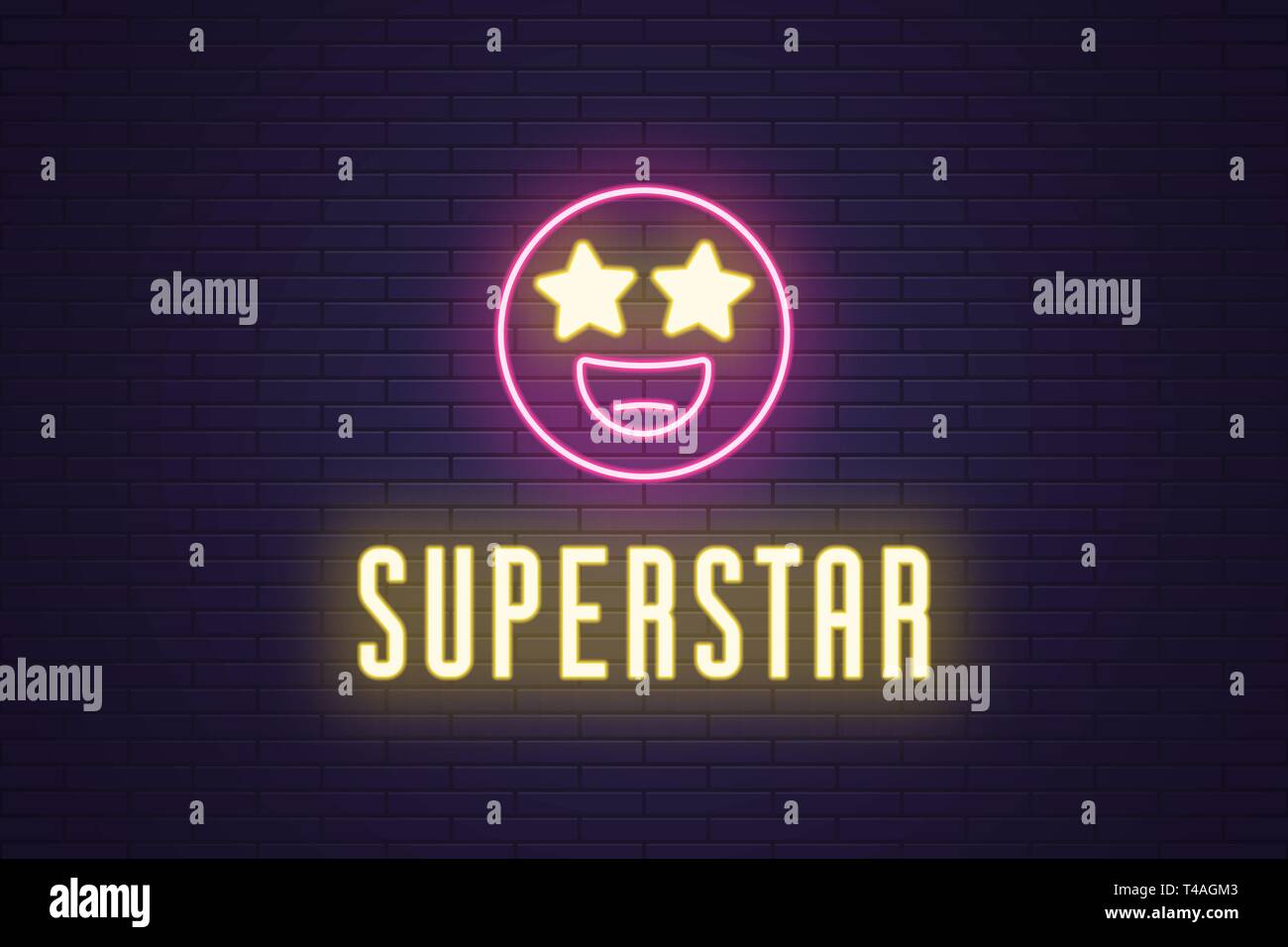 Neon composition of glowing emoji Superstar. Vector glowing illustration of Neon emoji with starry eyes and text Superstar. Bright digital signboard f Stock Vector