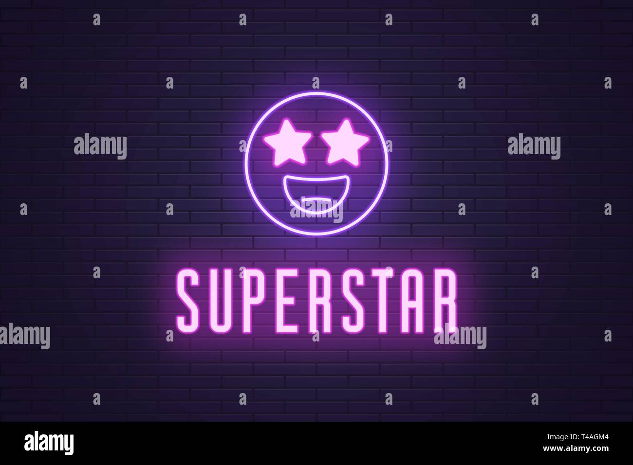 Neon composition of glowing emoji Superstar. Vector glowing illustration of Neon emoji with starry eyes and text Superstar. Bright digital signboard f Stock Vector