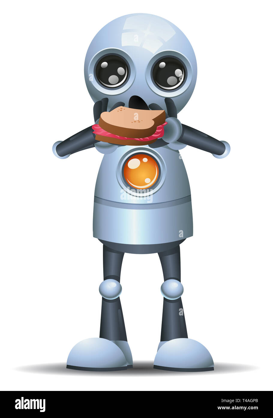 illustration of a little robot eating bread on isolated white