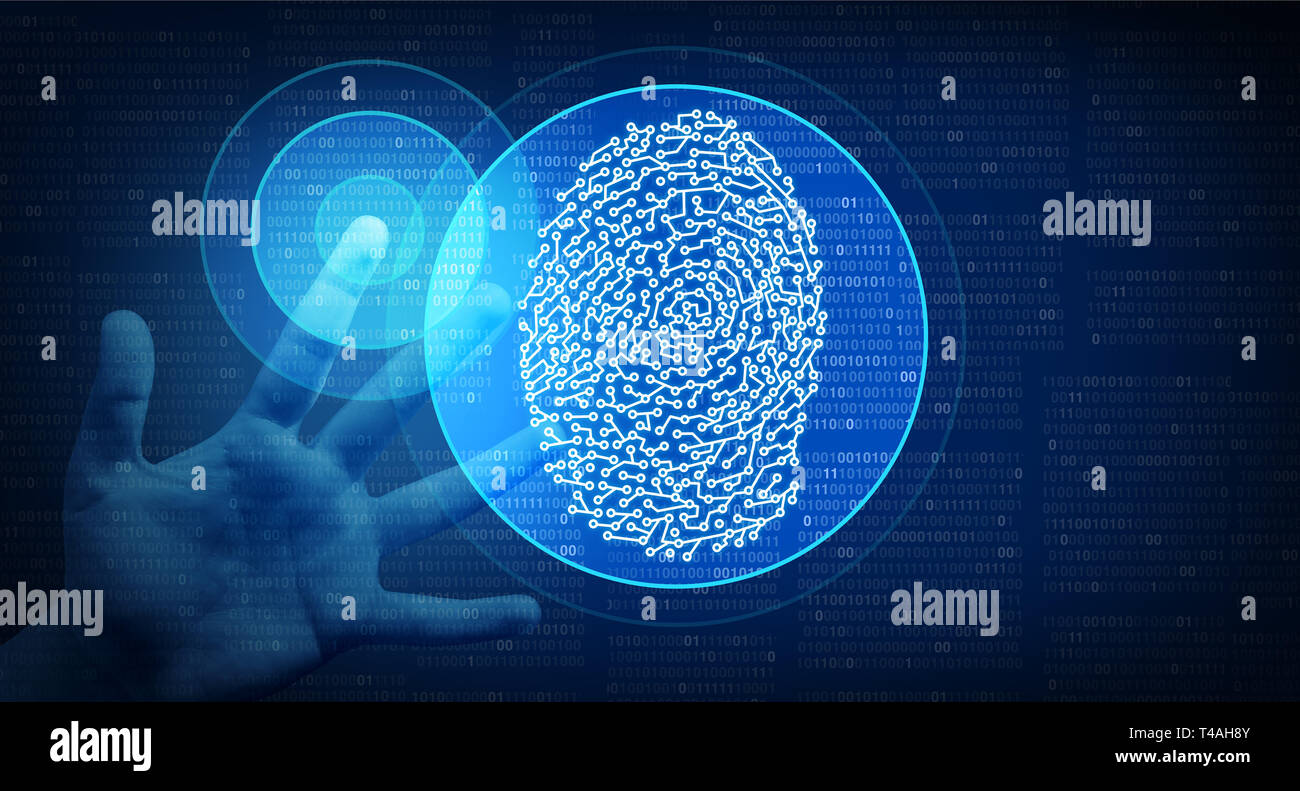 Biometric Identity as a fingerprint scan cybernetic technology concept in a 3D illustration style. Stock Photo