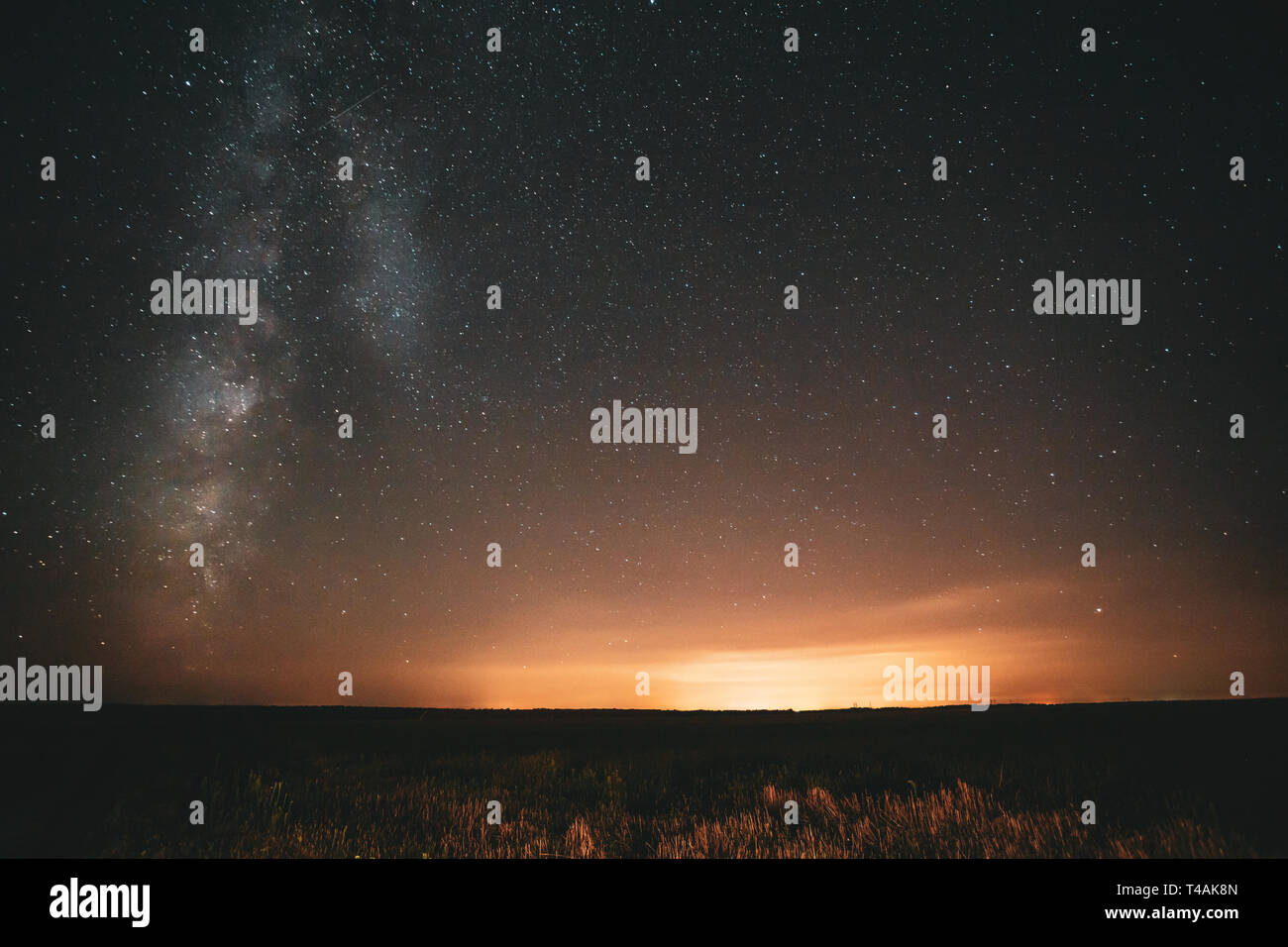Natural Night Sky Stars With Milky Way Galaxy Above Field Landscape. Real Photo Starry Sky After Sunset Time. Stock Photo