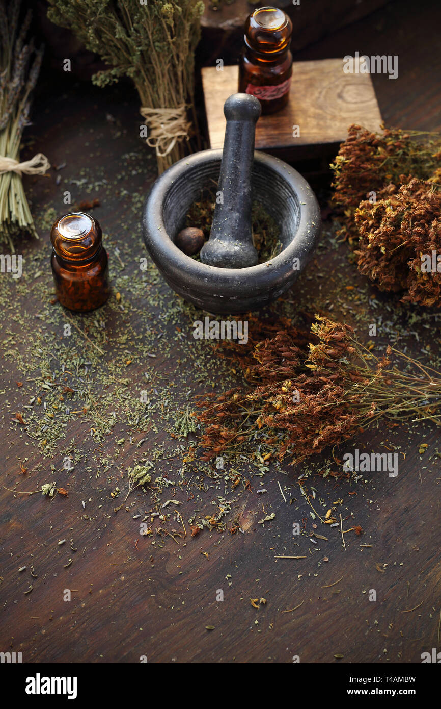 Herbology and herbal medicine, preparing a herbal mixture in a mortar Stock Photo