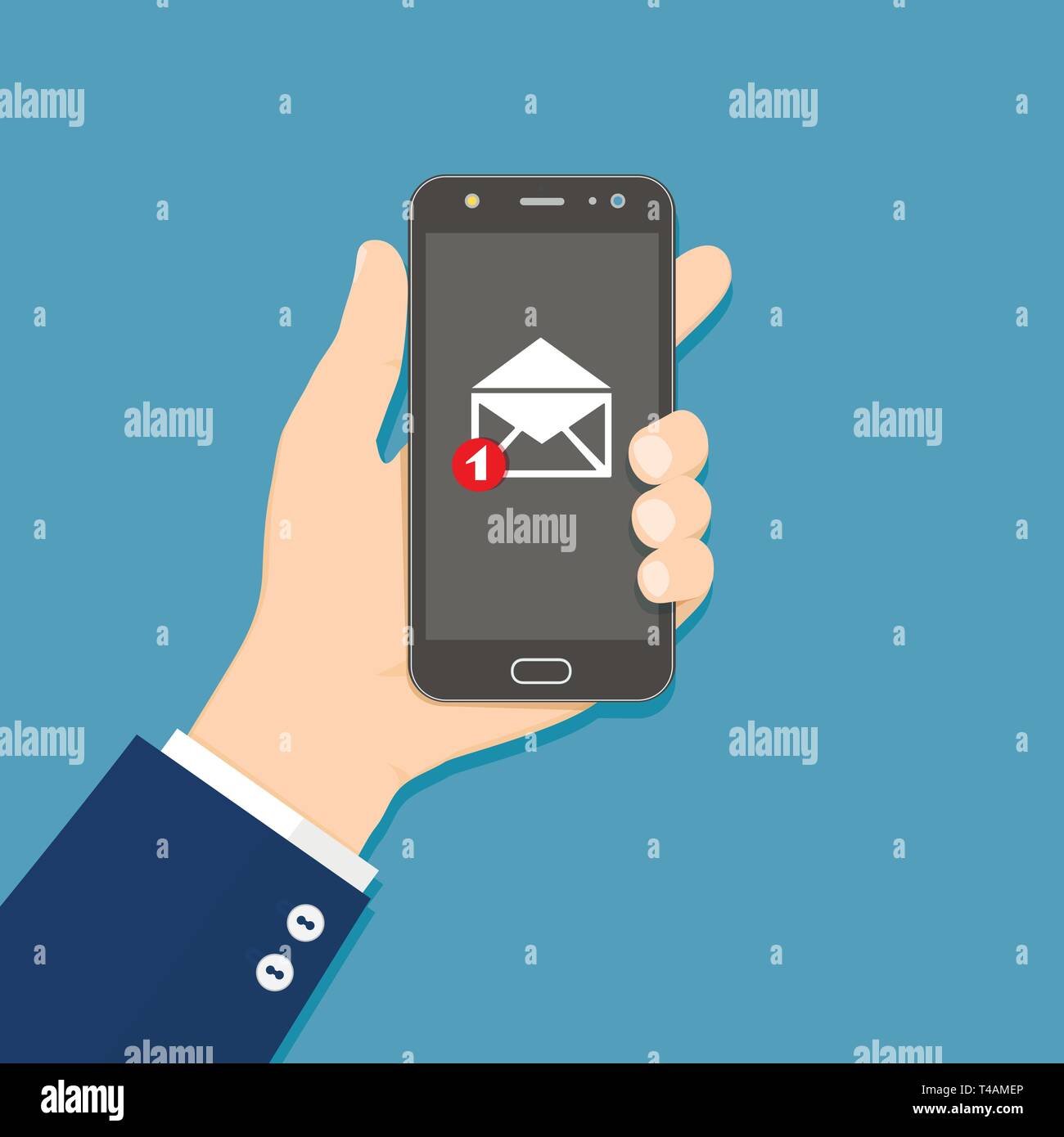 Hand holding smartphone with email icon. Flat style. Stock Vector