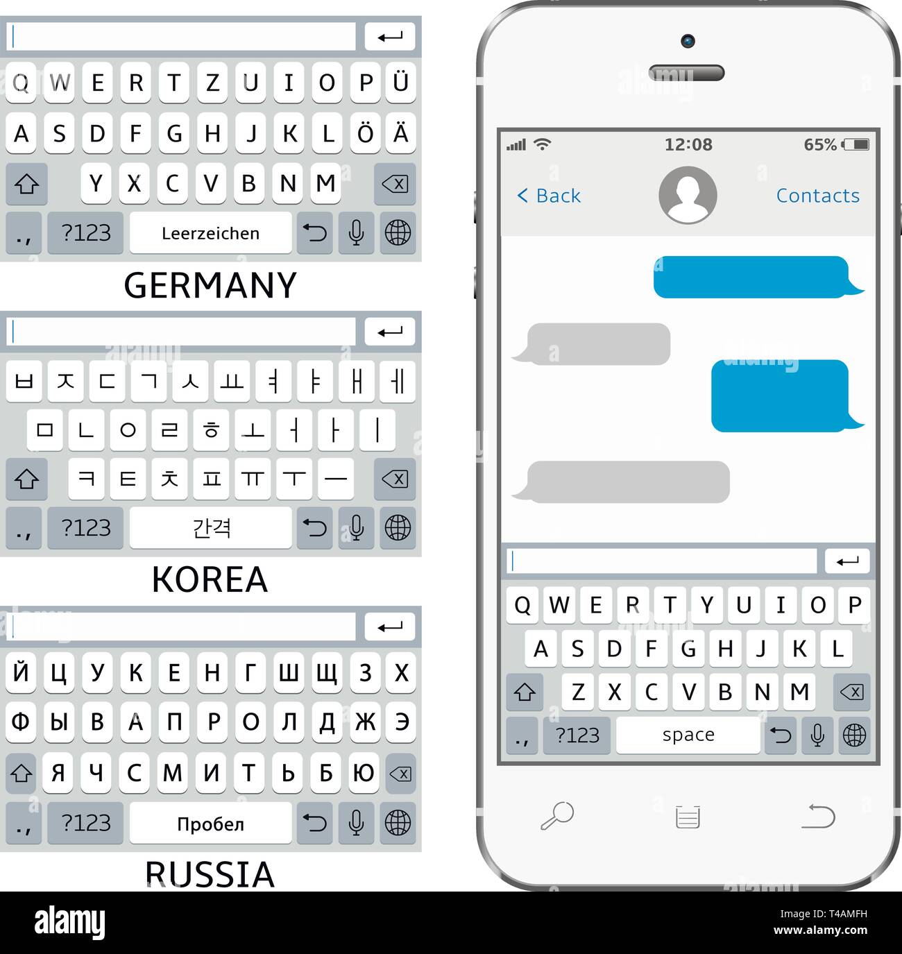 Vector phone chat interface. Sms messenger. Mobile phone virtual keyboards: English, Korean, German, Russian alphabet Stock Vector