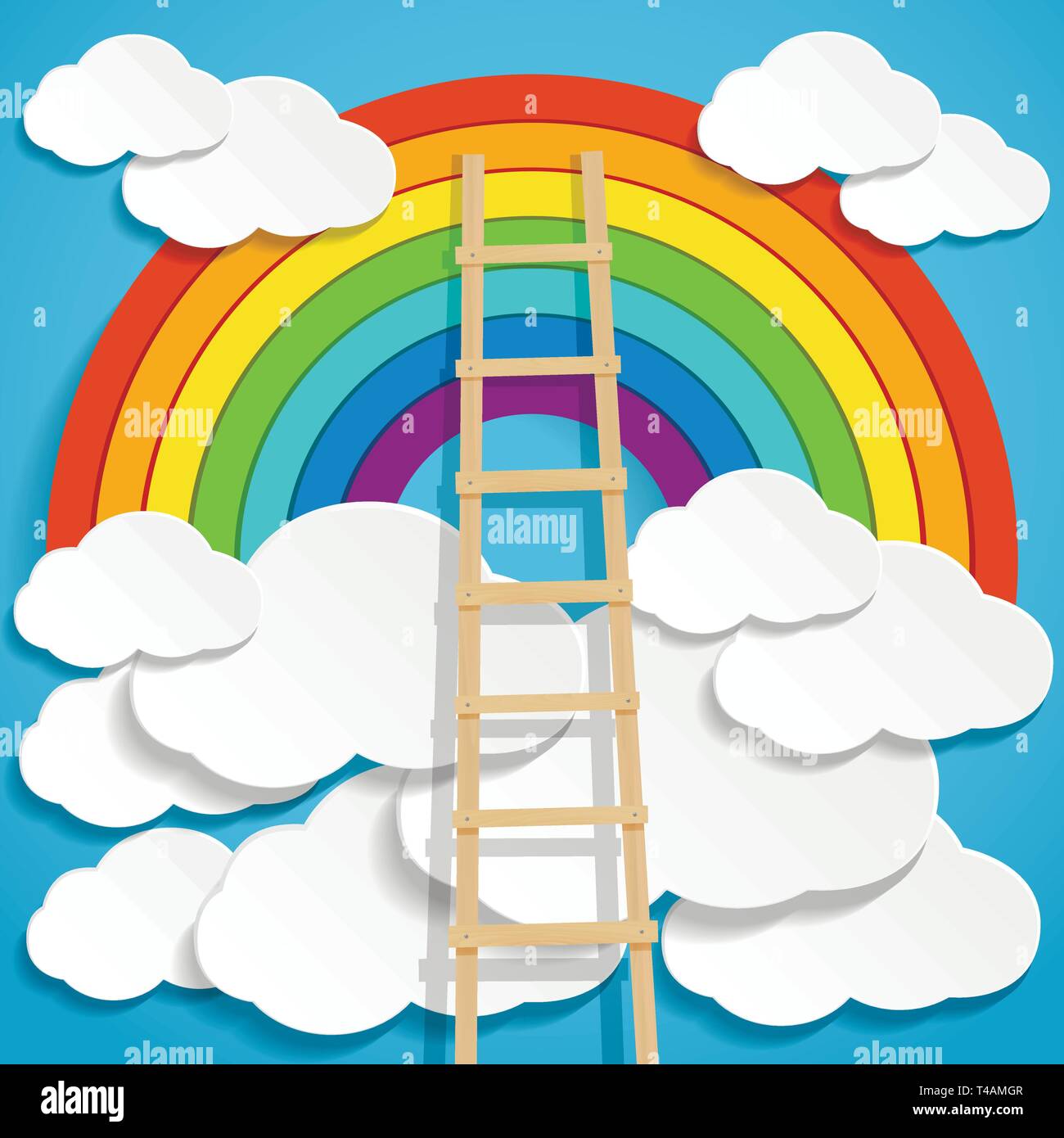 Color rainbow with clouds and wooden stair on blue sky background Stock Vector