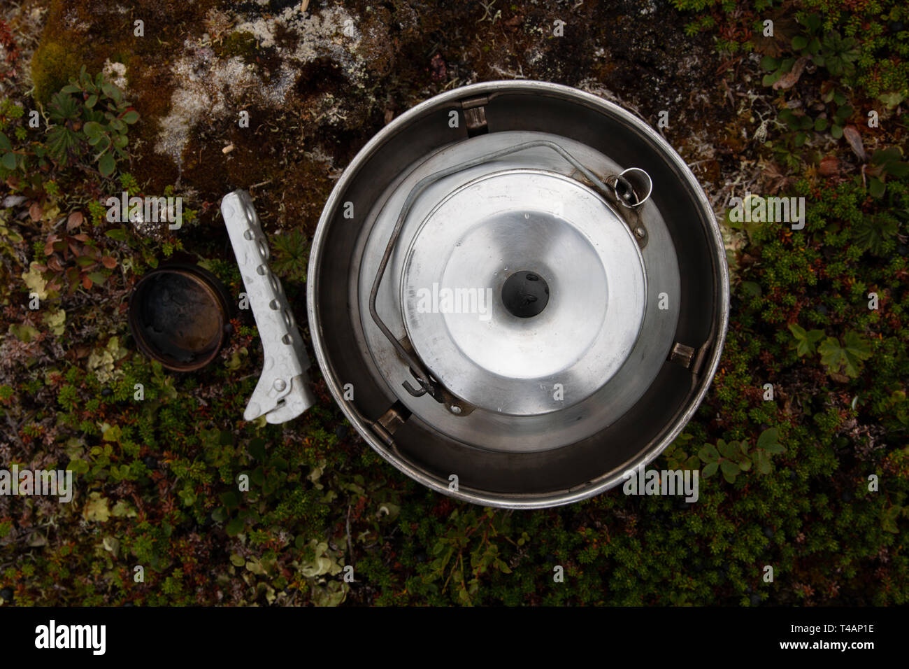 camping stove with kettle photographed from above. Stock Photo