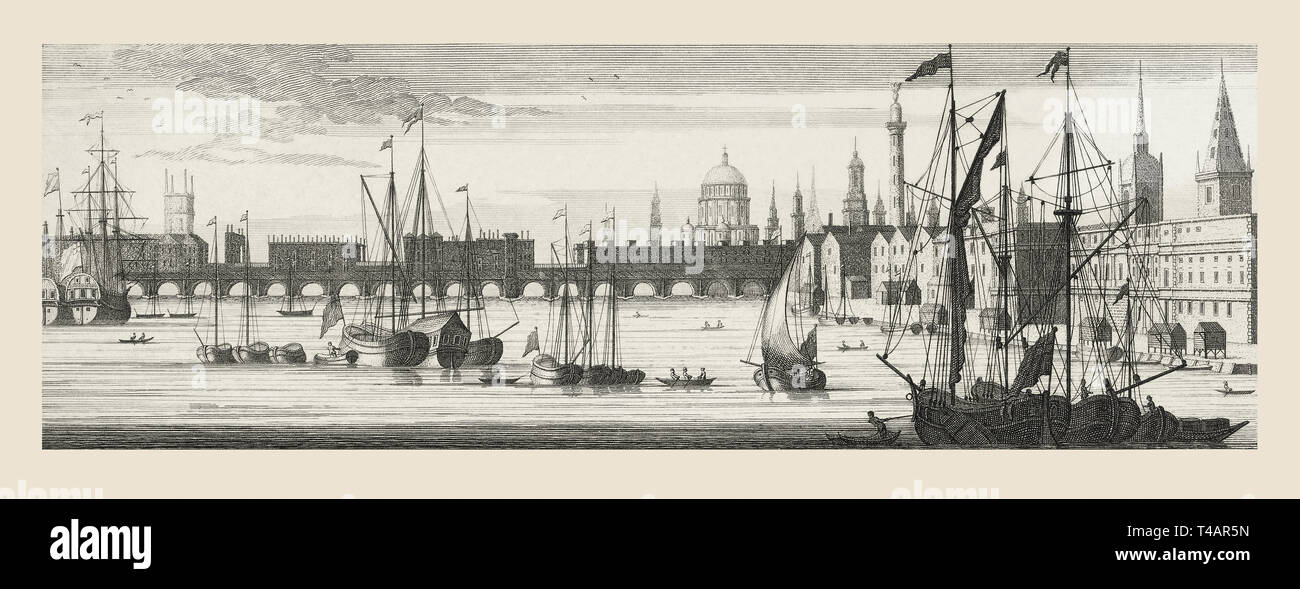 London bridge, London, England, over the River Thames in the mid-18th century.  After a contemporary print. Stock Photo