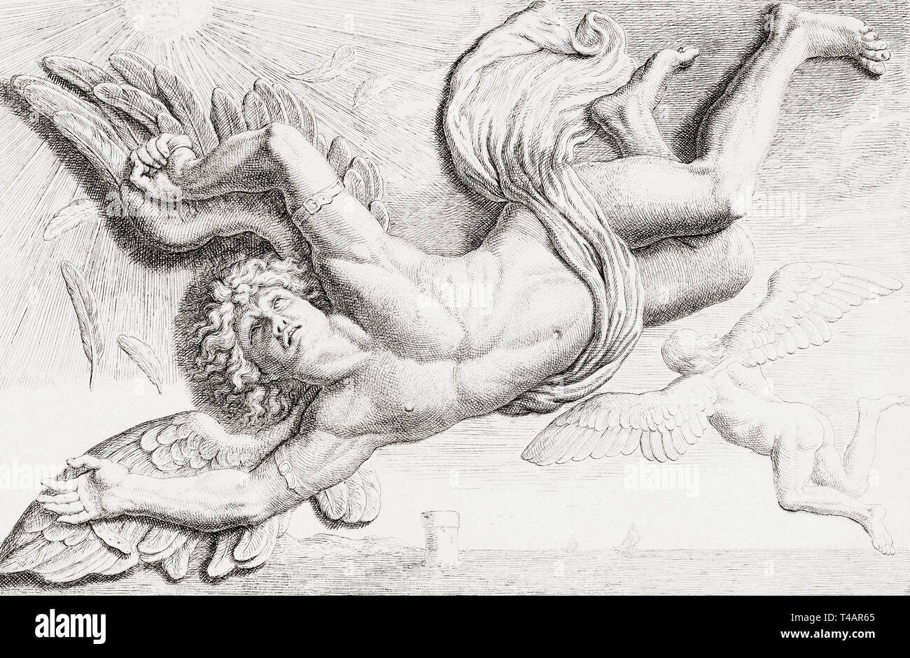 Icarus. In the Greek legend Daedalus, Icarus's father, has built wings made  of feathers and wax so they can escape from the island of Crete where they  are imprisoned. Daedalus warns his