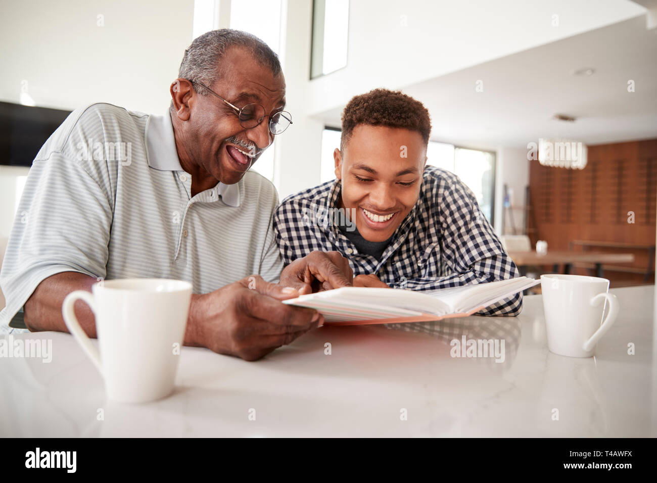 Young black man looking at a photo album at home with his grandfather, close up Stock Photo