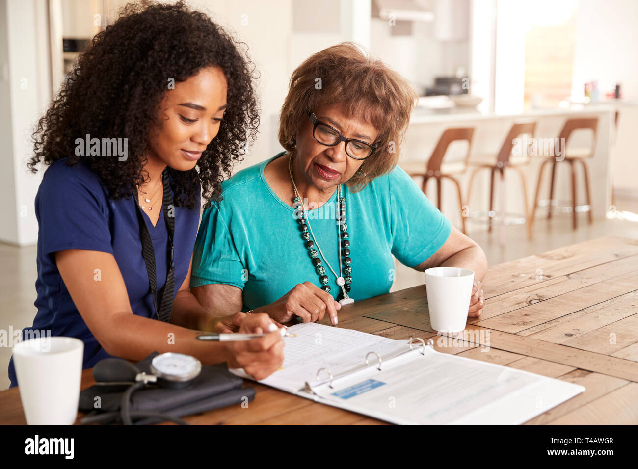 Female healthcare worker filling in a form with a senior woman during a home health visit Stock Photo
