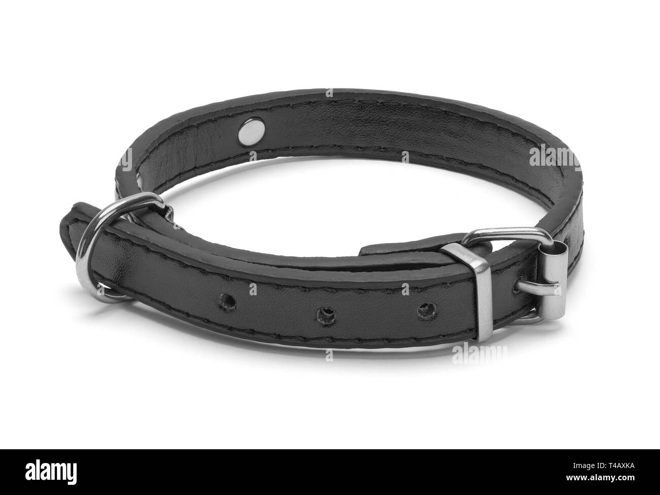 Small Black Leather Pet Collar Isolated on White Background. Stock Photo