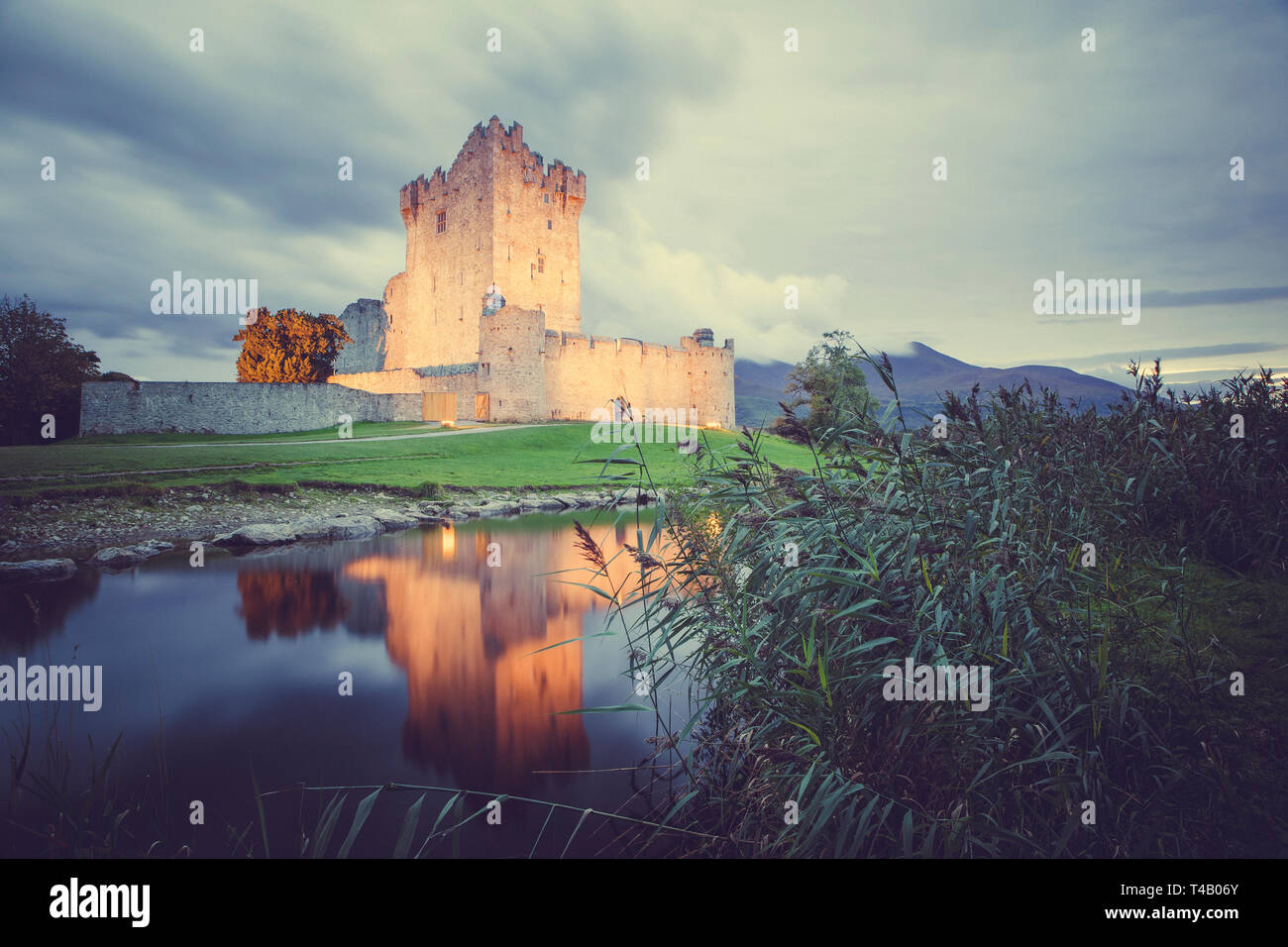 Ross Castle and reflection, Killarney, County Kerry, Ireland Stock Photo