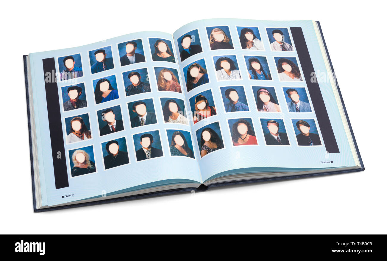 Open High School Year Book with Blank Faces Isolated on White Background. Stock Photo