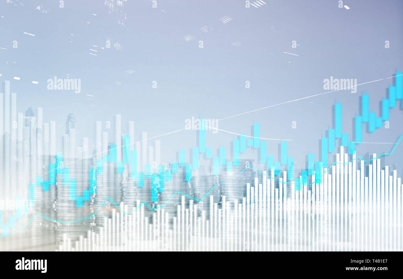 Stock trading candlestick chart and diagrams. Abstract double exposure finance background. Stock Photo