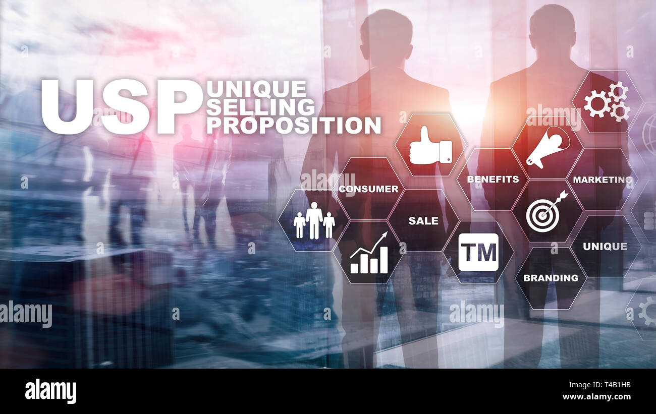UPS - Unique selling propositions. Business and finance concept on a virtual structured screen. Mixed media. Stock Photo