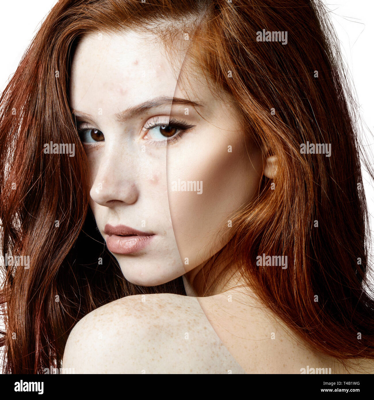Young woman before and after skin treatment and makeup Stock Photo Alamy