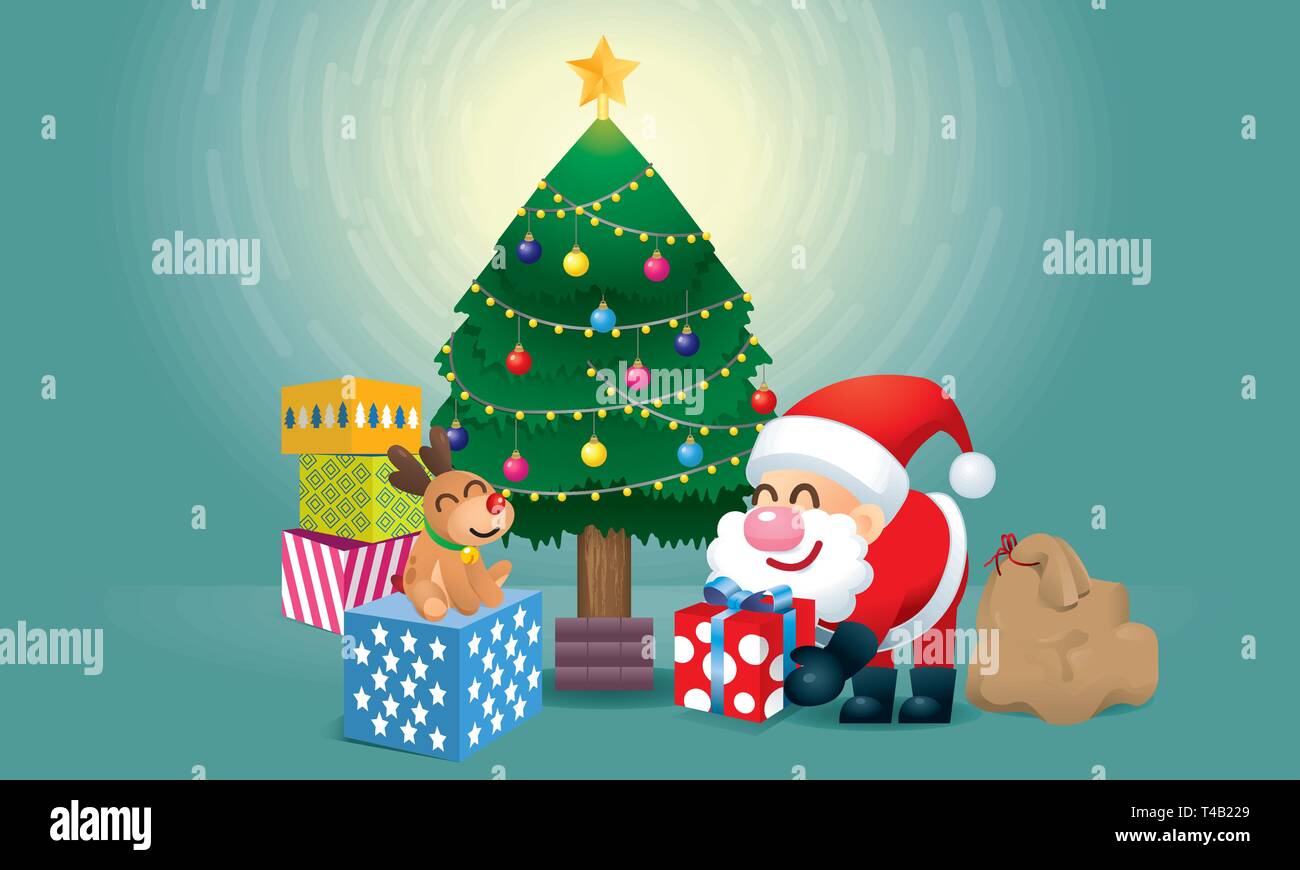 A cute Santa and his reindeer is preparing presents under the Christmas tree. Vector. Stock Vector