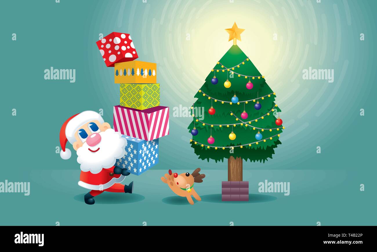 A cute Santa and his reindeer is preparing presents under the Christmas tree. Vector. Stock Vector