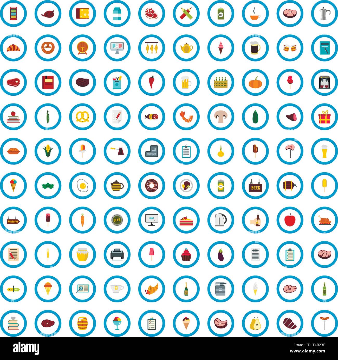 100 tavern essay icons set, flat style Stock Vector