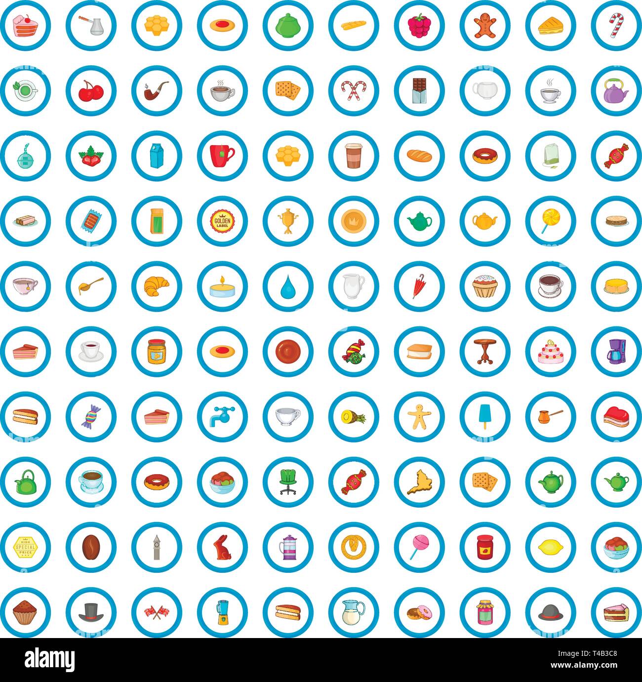 100 tea time icons set, cartoon style Stock Vector