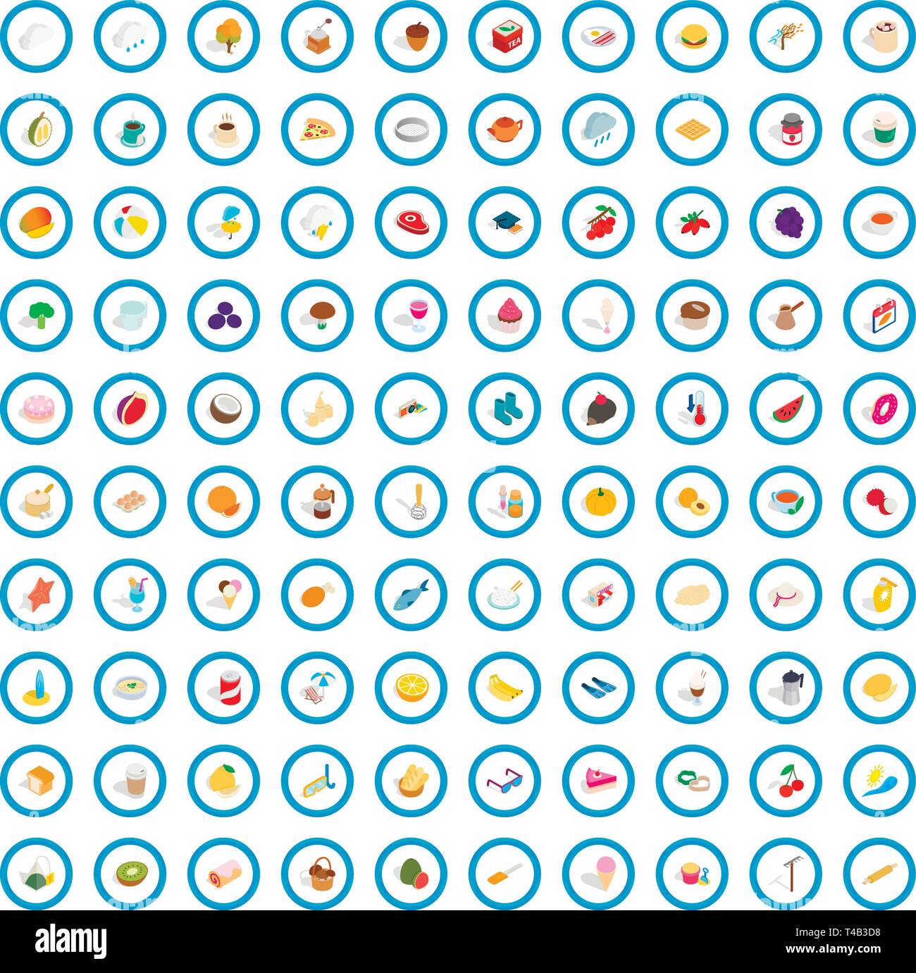 100 tea time icons set, isometric 3d style Stock Vector
