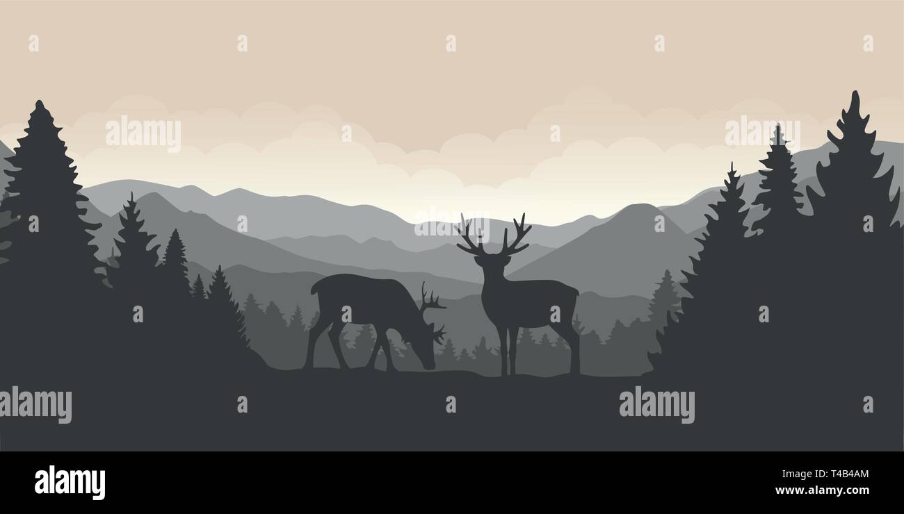 two reindeer in the mountains with forest landscape vector illustration EPS10 Stock Vector