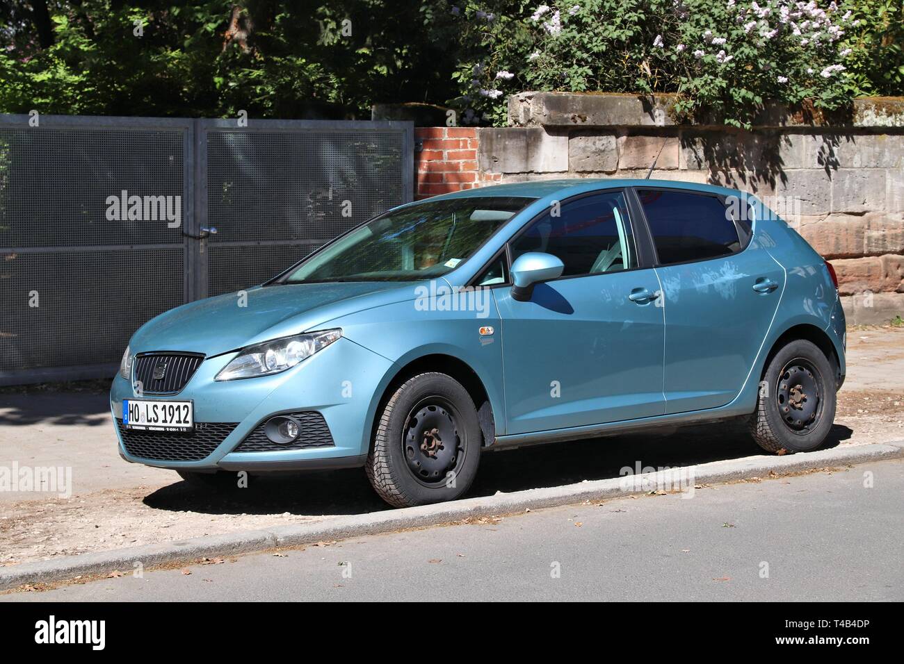 ERLANGEN, GERMANY - MAY 6, 2018: Blue Seat Ibiza compact hatchback car parked in Germany. The car was designed by Belgian car designer Luc Donckerwolk Stock Photo