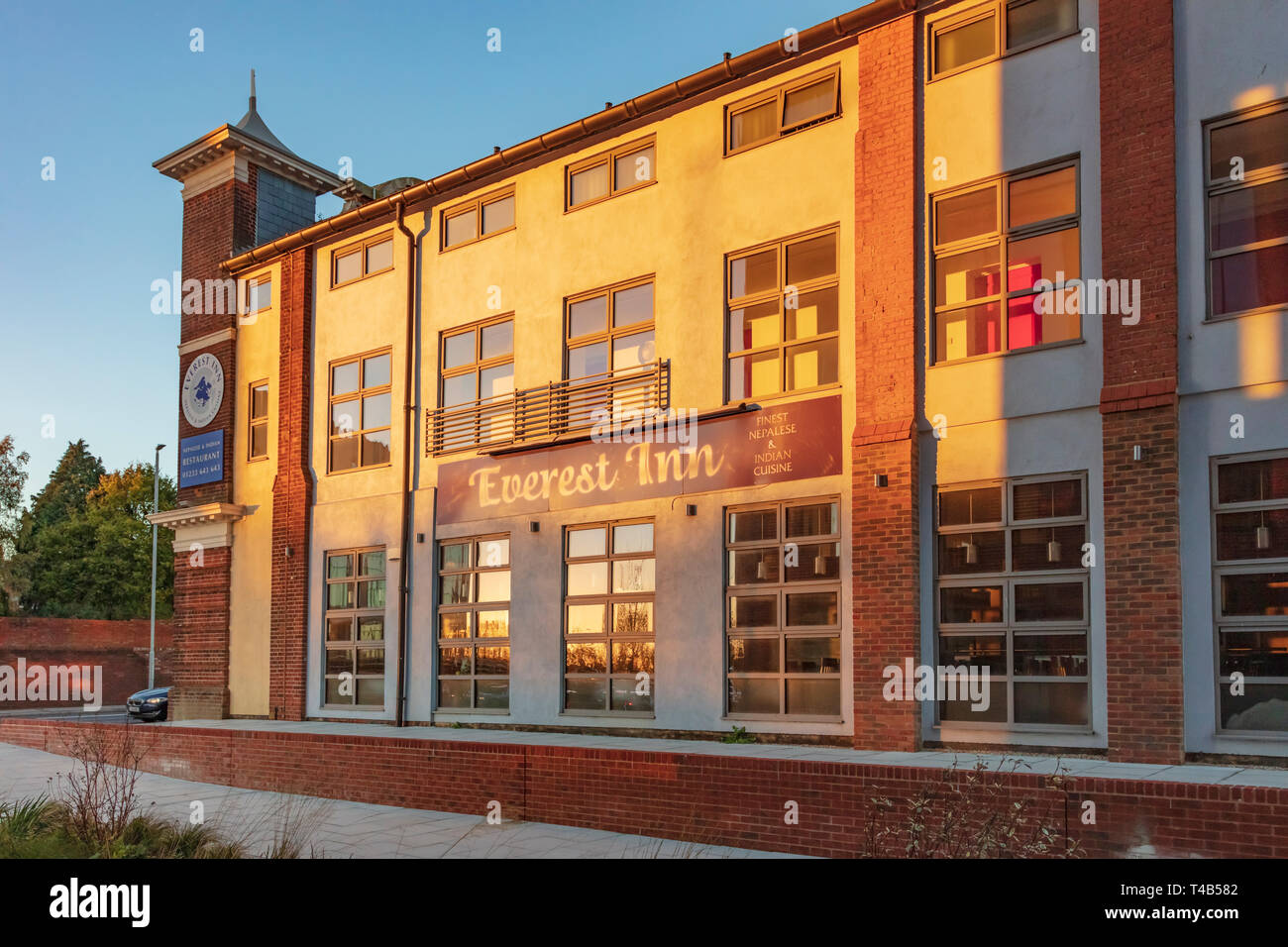 New developments in Ashford Town Centre in Kent including restaurant in warm evening light, UK Stock Photo