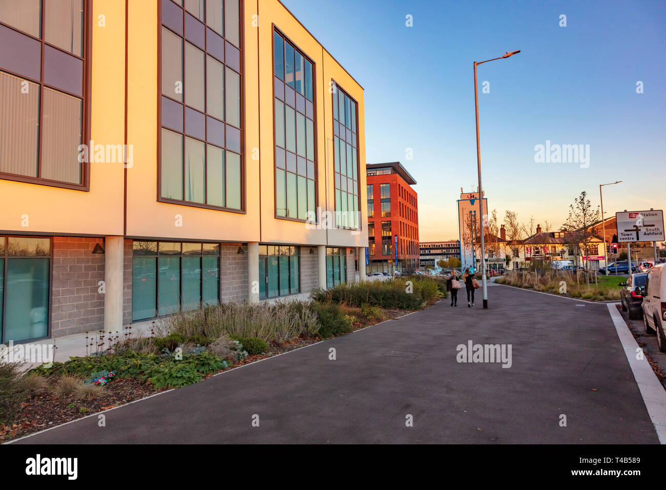 New developments in Ashford Town Centre in Kent, including offices and college in warm evening light,UK Stock Photo