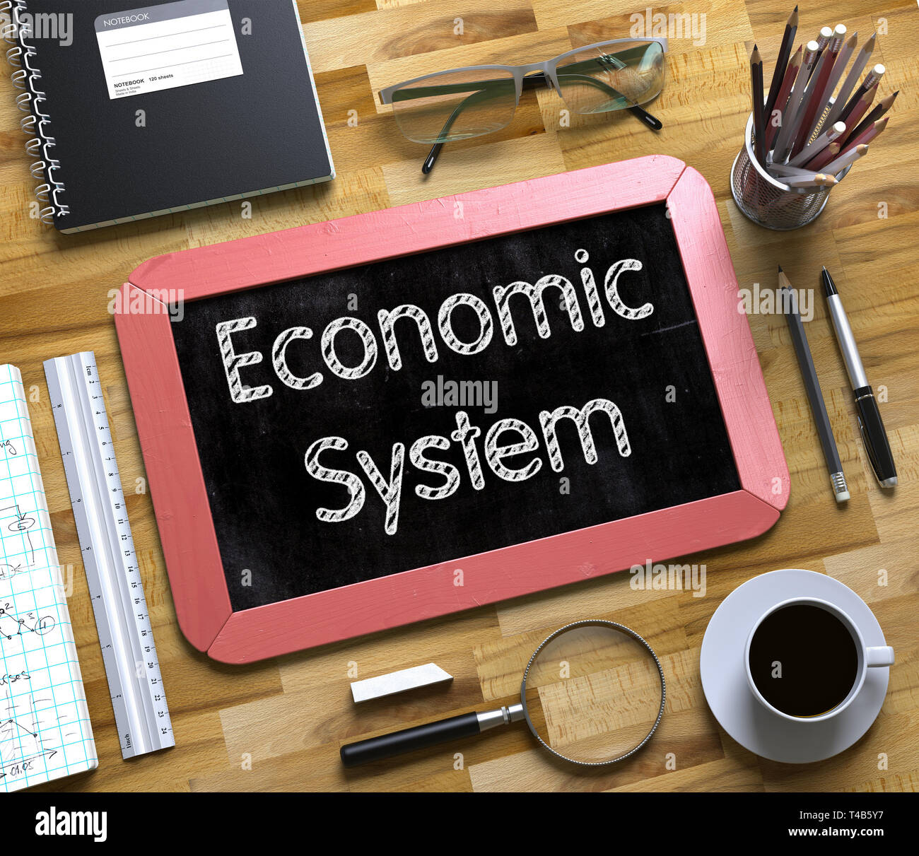 Economic System Handwritten on Small Chalkboard. 3D. Stock Photo