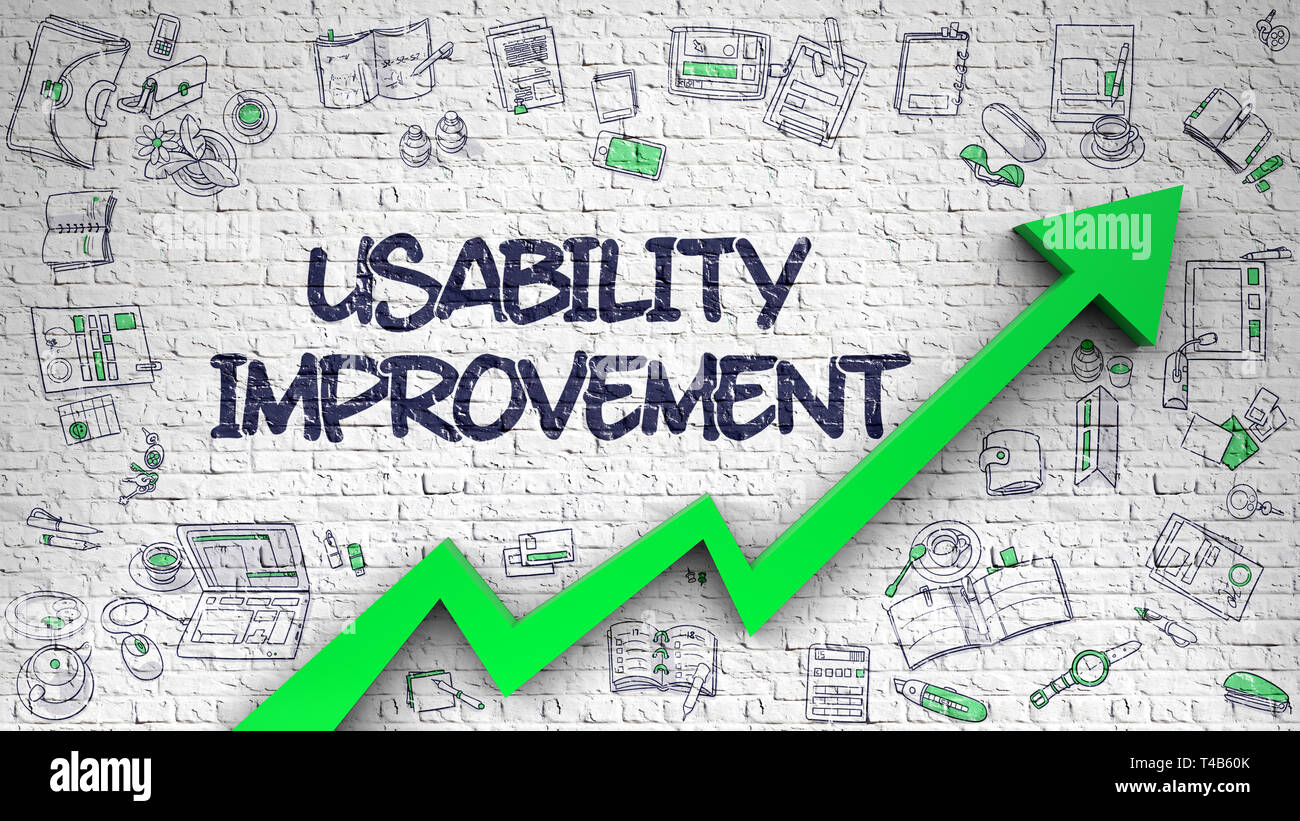 Usability Improvement Drawn on White Brick Wall. 3d. Stock Photo