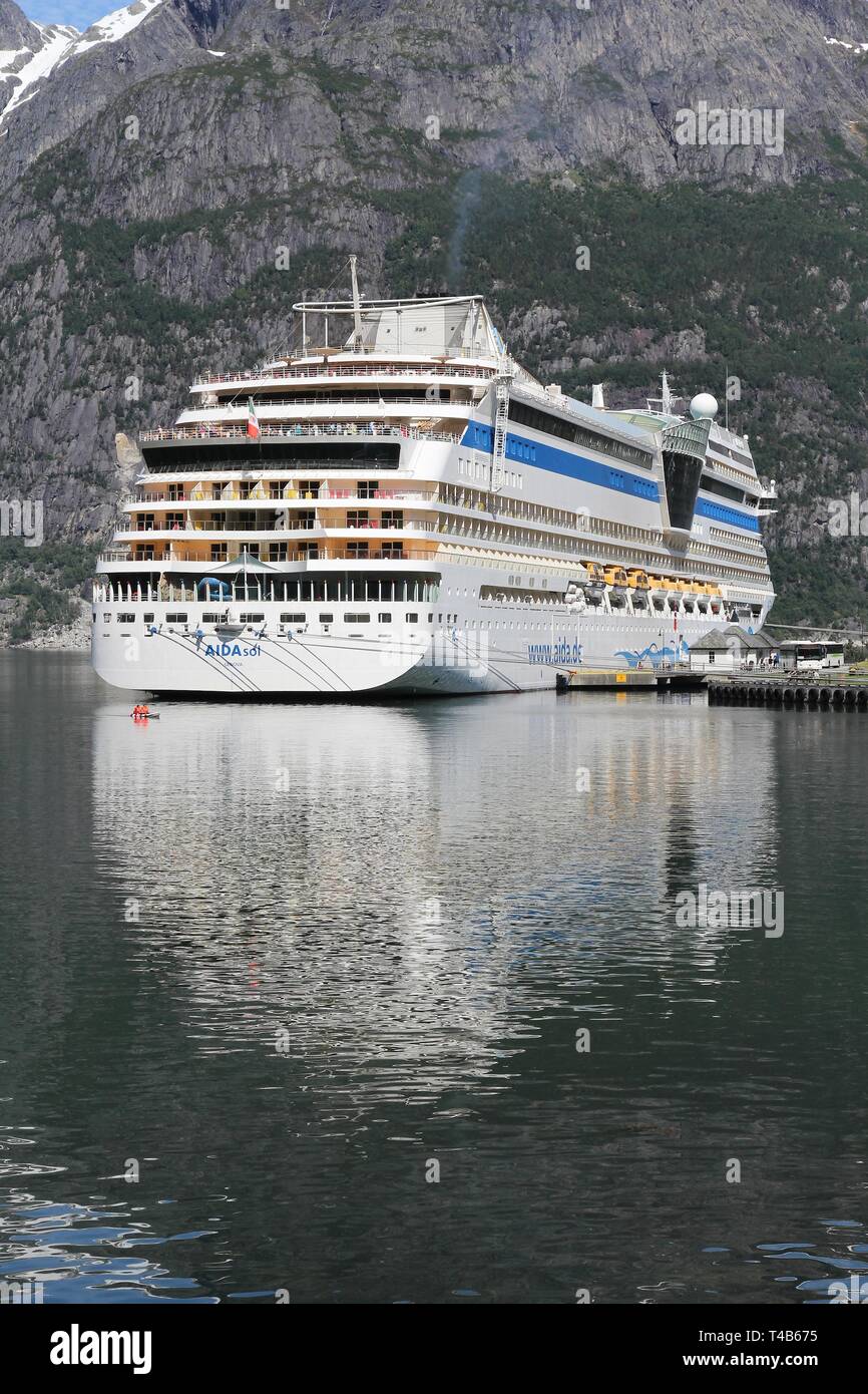 EIDFJORD, NORWAY - JULY 17, 2015: AIDAsol cruise ship in Norway. AIDA sol was built by Meier Werft in 2011. It can carry 2,174 passengers. Stock Photo