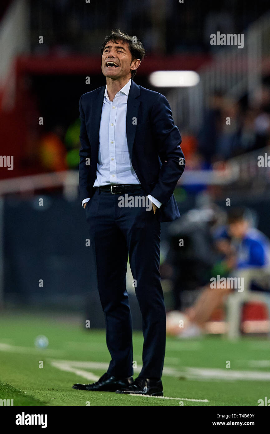 VALENCIA, SPAIN - APRIL 14: Marcelino Garcia Toral head coach of Valencia CF  reacts during the La Liga match between Valencia CF and Levante UD at  Estadio Mestalla on April 14, 2019