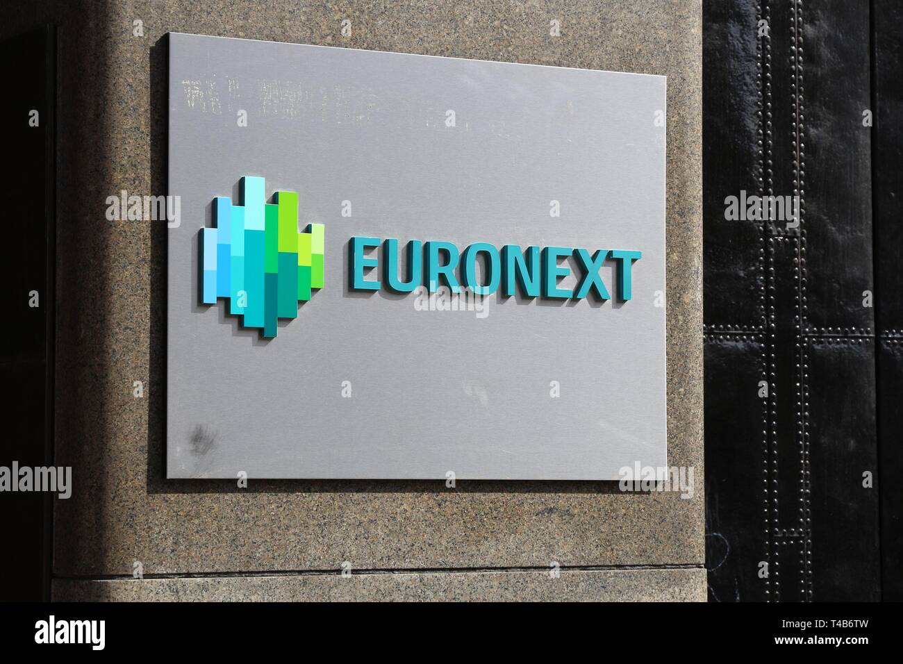 AMSTERDAM, NETHERLANDS - JULY 9, 2017: Euronext sign in Amsterdam. Euronext NV is a European stock exchange in Amsterdam, Brussels, London, Lisbon and Stock Photo
